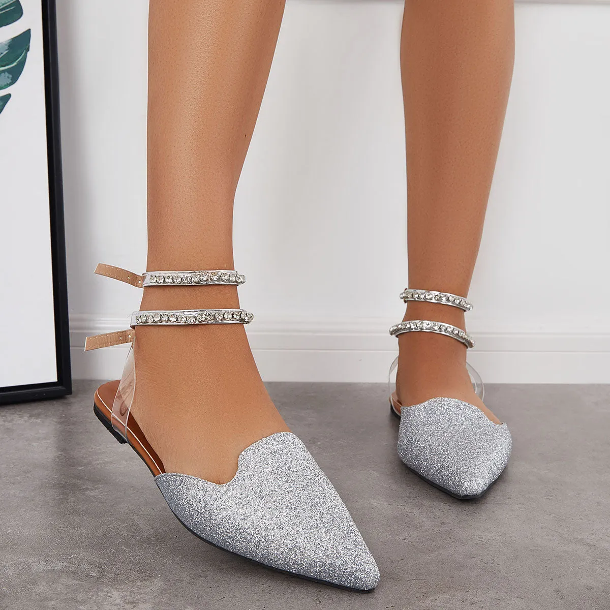 Shiny Pointed Toe Rhinestone Chains Ankle Strap Slingback Flats sold by Tinstree