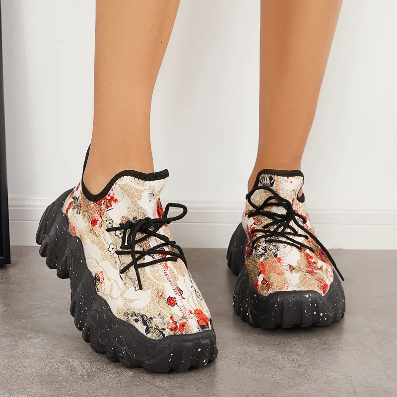 Floral Lightweight Running Sneakers Platform Heel Walking Shoes sold by Tinstree