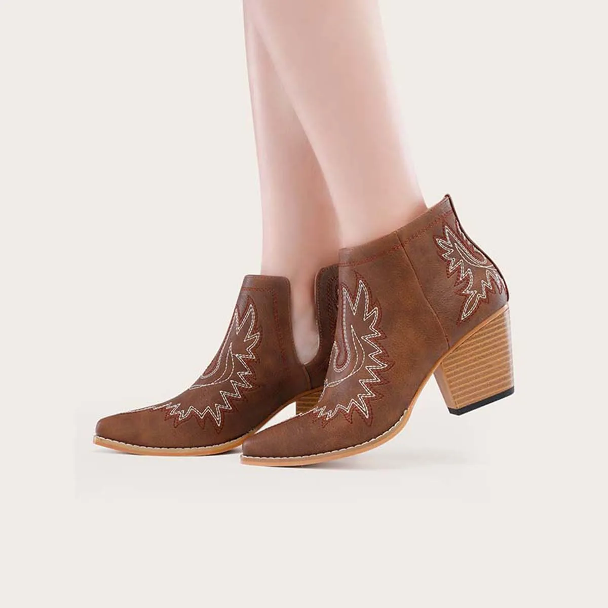 Coutout Western Cowgirl Boots Slip on Chunky Heel Ankle Booties sold by Tinstree product image thumbnail 5