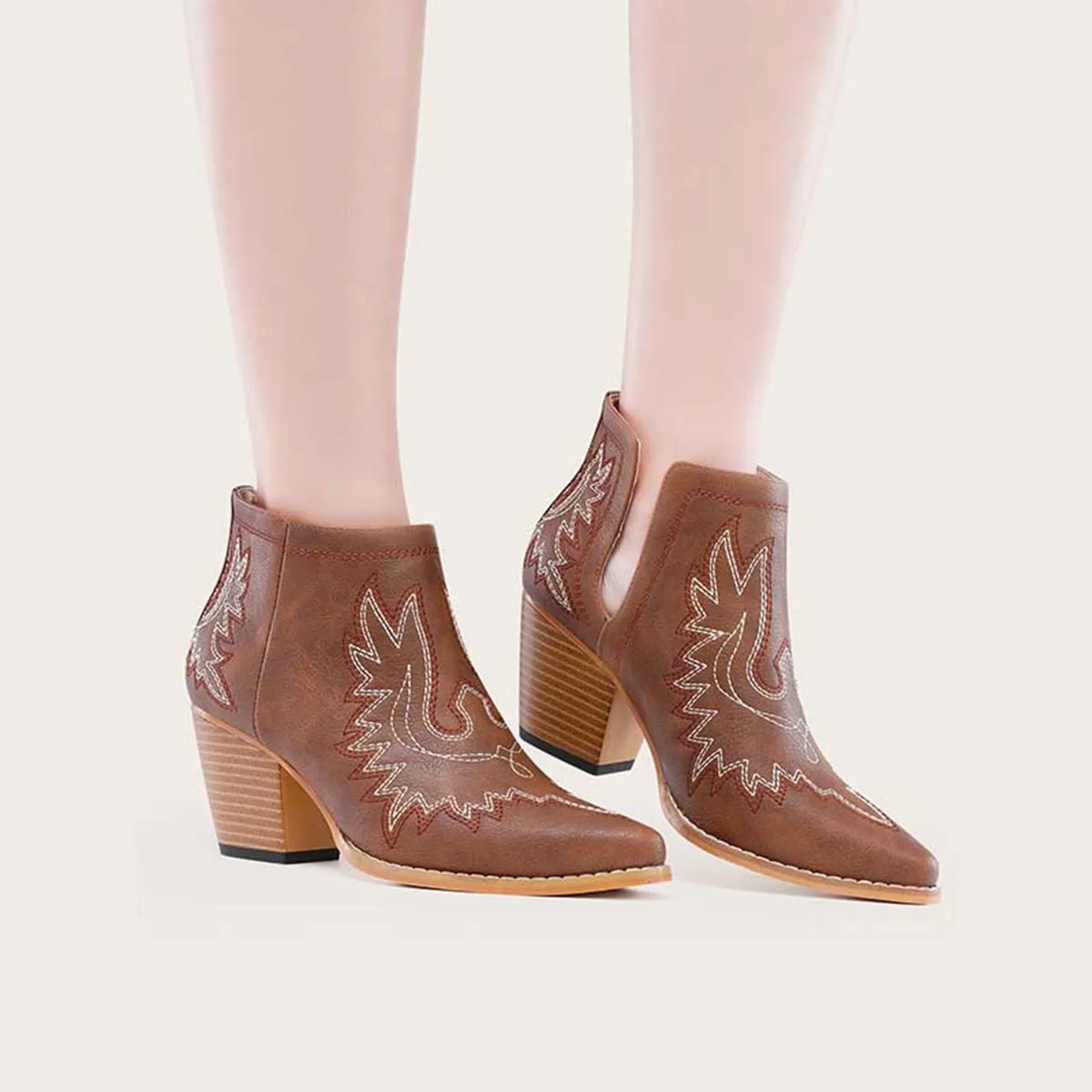 Coutout Western Cowgirl Boots Slip on Chunky Heel Ankle Booties sold by Tinstree
