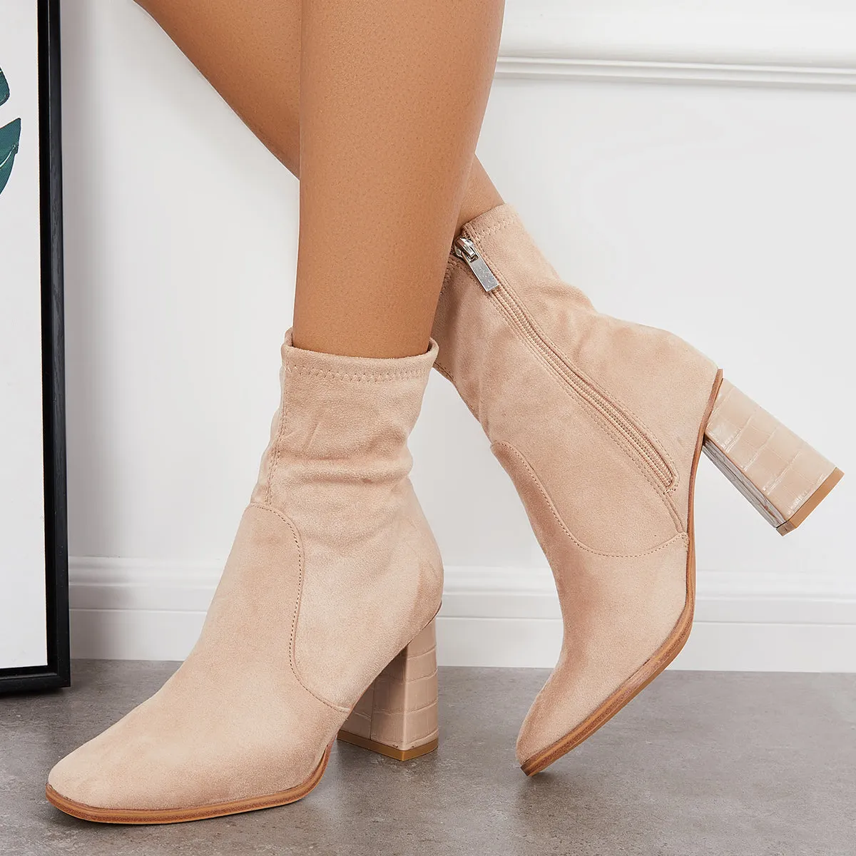 Square Toe Ankle Boots Side Zipper Chunky Block Heel Booties sold by Tinstree