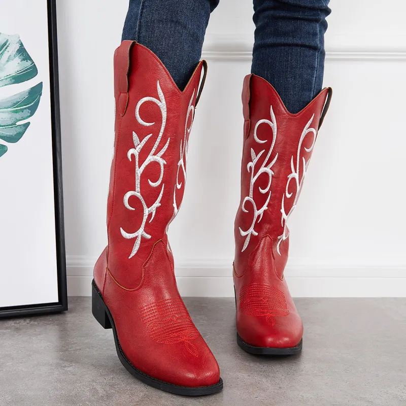 Embroidered Mid Calf Booties Western Cowgirl Chunky Heel Boots sold by Tinstree
