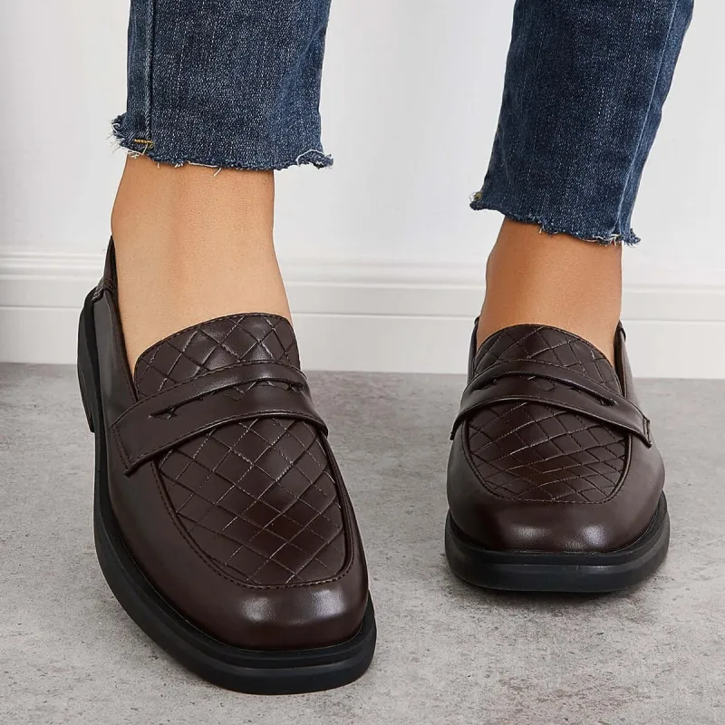 Casual Leather Slip on Loafers Block Heel Walking Shoes sold by Tinstree