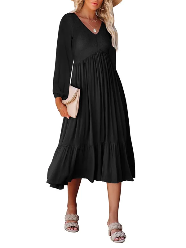 Women Casual Long Sleeve Smocked Dress V Neck High Waist Ruffle Tiered Midi Dresses sold by Tinstree product image thumbnail 5