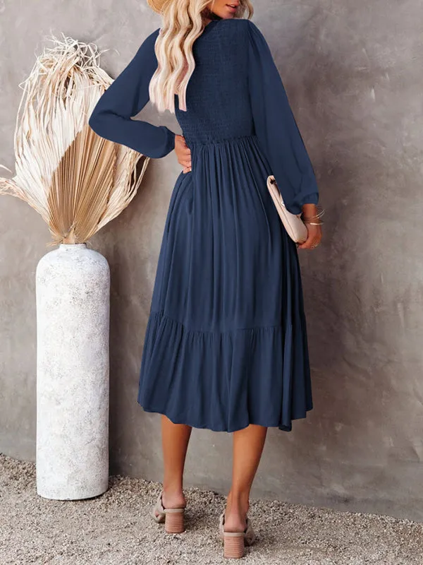 Women Casual Long Sleeve Smocked Dress V Neck High Waist Ruffle Tiered Midi Dresses sold by Tinstree product image thumbnail 3
