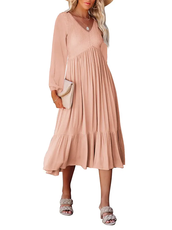 Women Casual Long Sleeve Smocked Dress V Neck High Waist Ruffle Tiered Midi Dresses sold by Tinstree product image thumbnail 4
