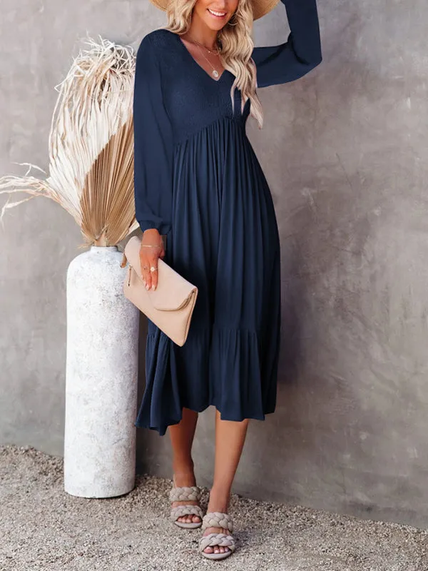 Women Casual Long Sleeve Smocked Dress V Neck High Waist Ruffle Tiered Midi Dresses sold by Tinstree