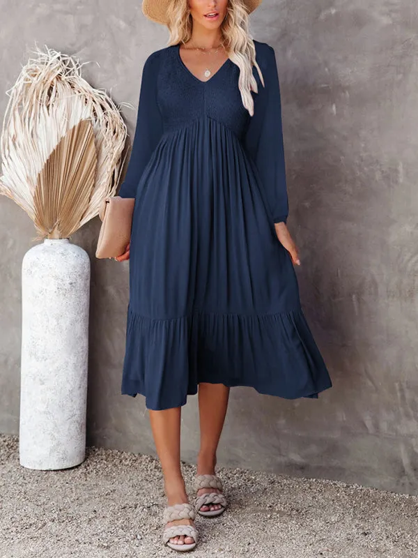 Women Casual Long Sleeve Smocked Dress V Neck High Waist Ruffle Tiered Midi Dresses sold by Tinstree product image thumbnail 2