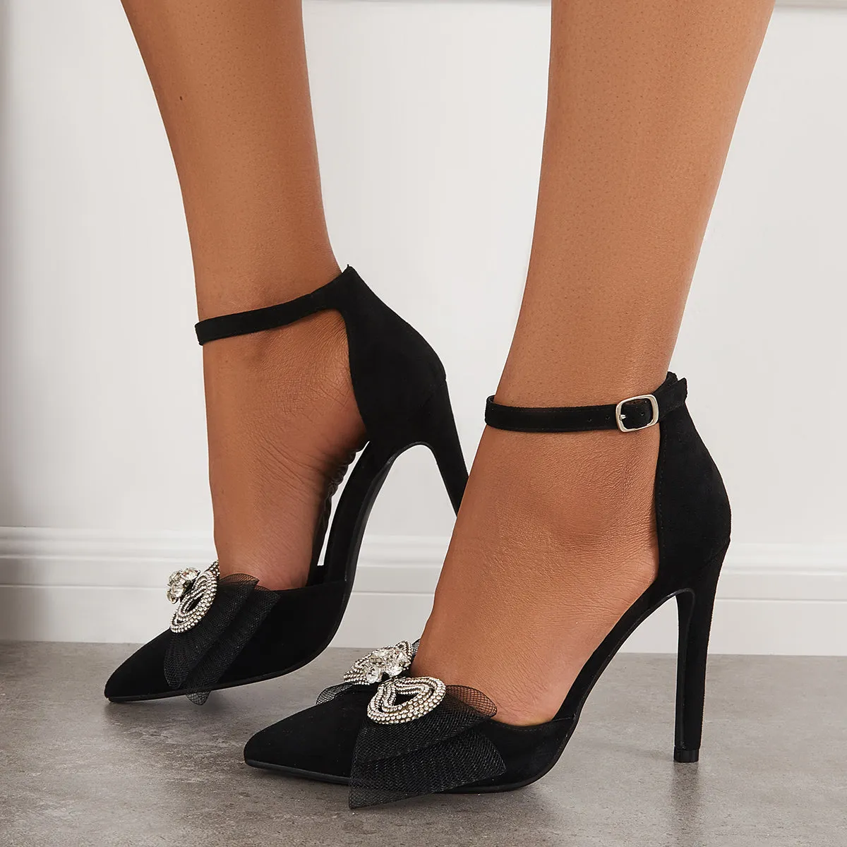 Shiny Bowknot Ankle Strap Pumps Pointy Stilettos High Heel Shoes sold by Tinstree product image thumbnail 3