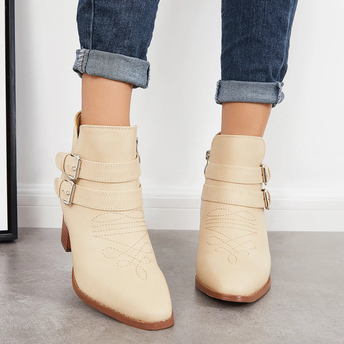 Cutout Buckle Straps Ankle Boots Chunky Block Heel Western Booties sold by Tinstree product image thumbnail 2