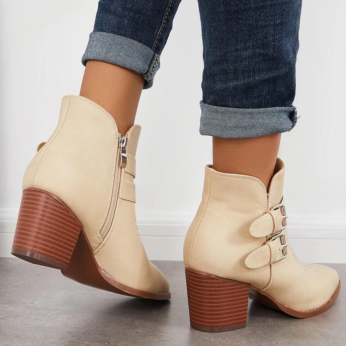 Cutout Buckle Straps Ankle Boots Chunky Block Heel Western Booties sold by Tinstree product image thumbnail 4