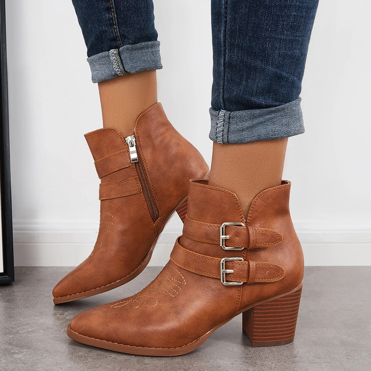 Cutout Buckle Straps Ankle Boots Chunky Block Heel Western Booties sold by Tinstree product image thumbnail 5