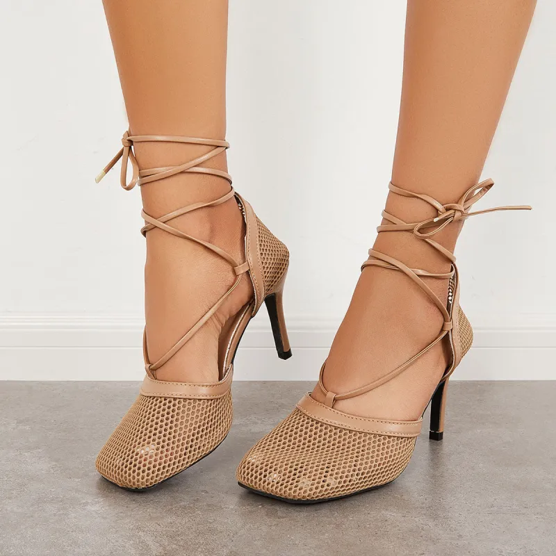 Mesh Square Toe Lace Up Strappy High Heel Sandals sold by Tinstree