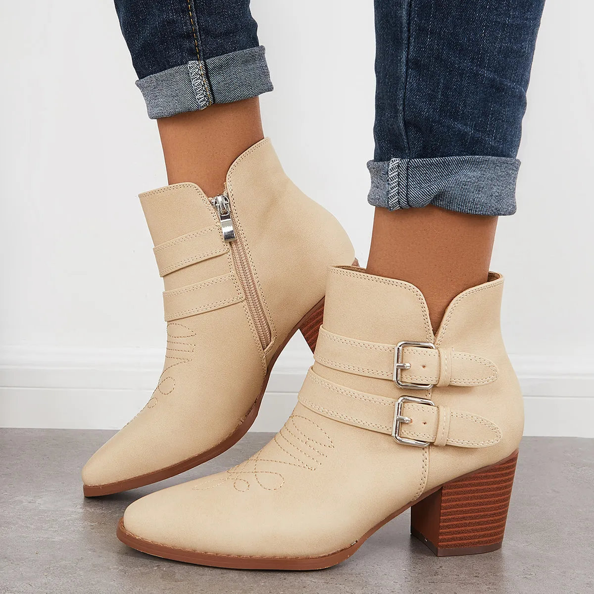Cutout Buckle Straps Ankle Boots Chunky Block Heel Western Booties sold by Tinstree