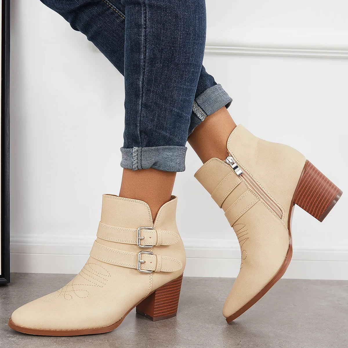 Cutout Buckle Straps Ankle Boots Chunky Block Heel Western Booties sold by Tinstree product image thumbnail 3