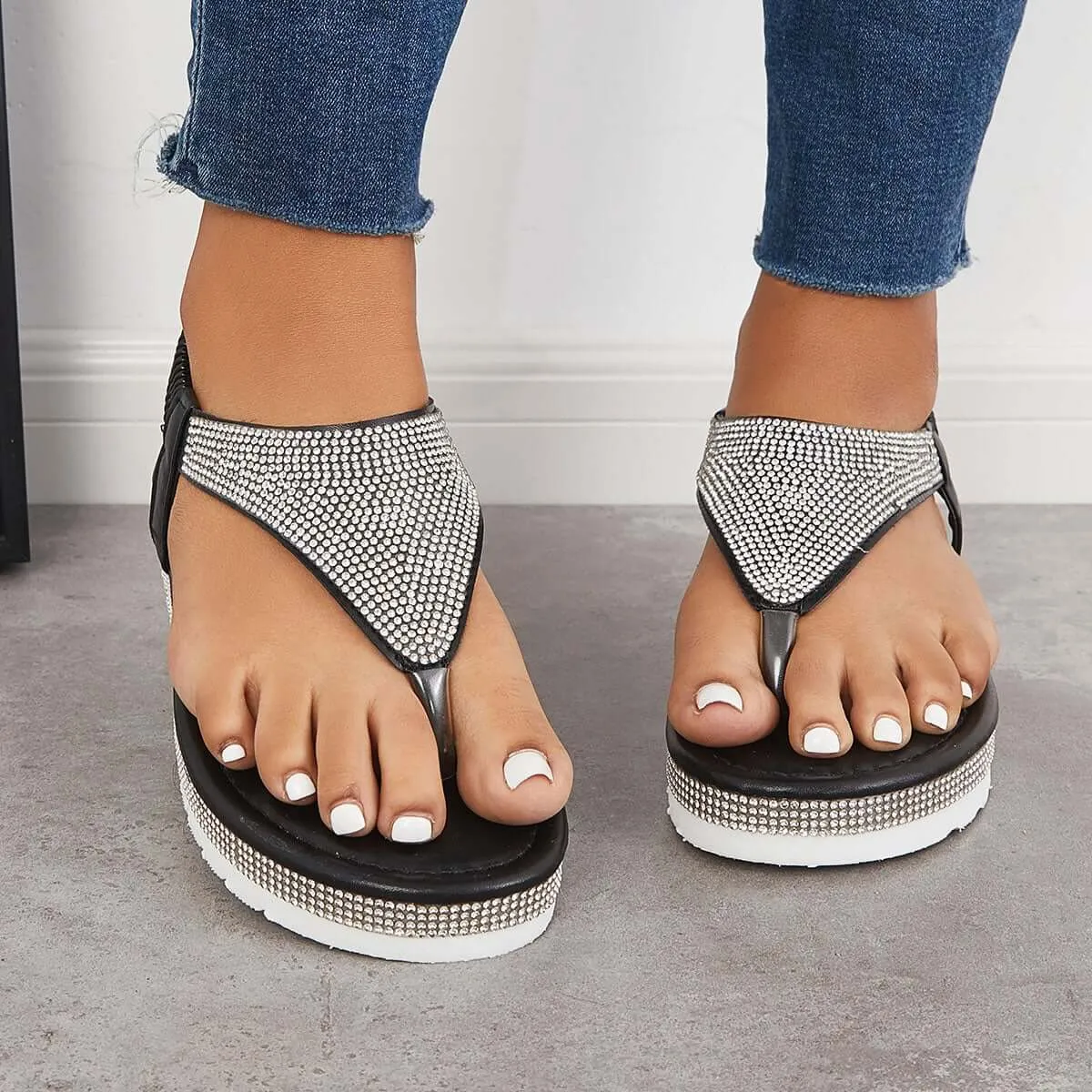 Casual Sparkly Wedge Sandals Flip Flops Ankle Strap Sandals sold by Tinstree