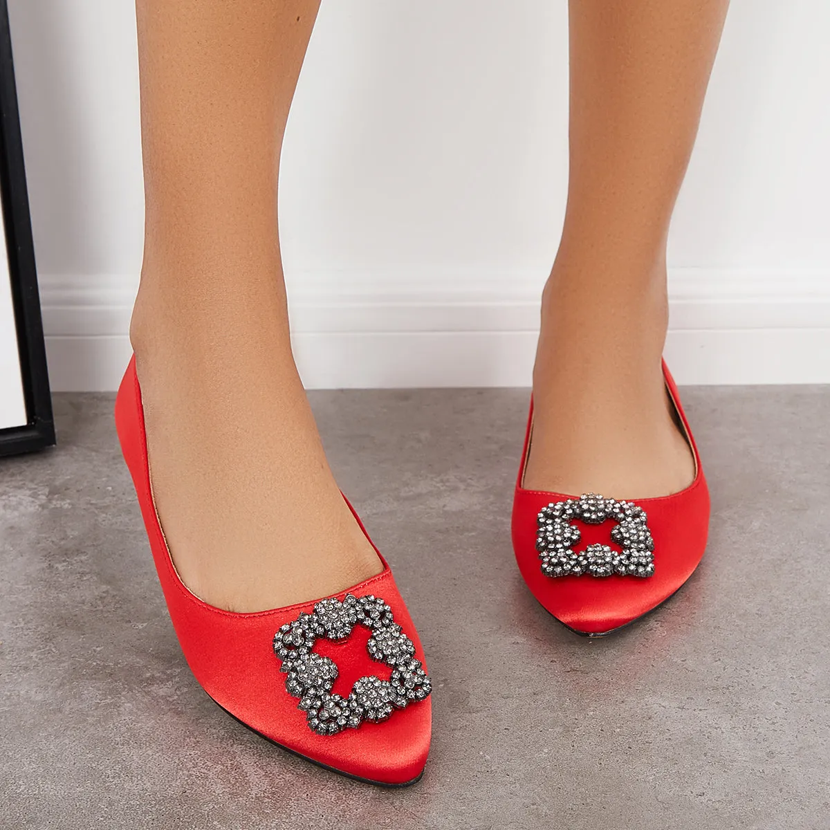 Women Ballet Flats Rhinestone Buckle Decor Pointy Toe Loafers sold by Tinstree product image thumbnail 5