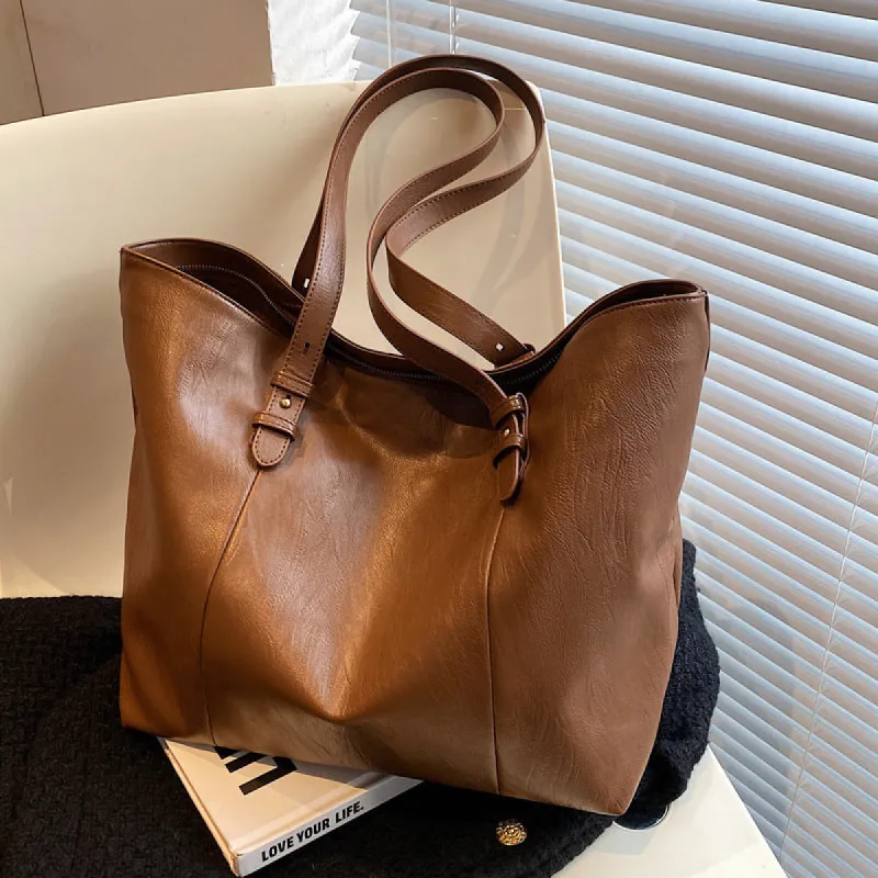Large Capacity Tote Bag Casual Solid Shoulder Bag Elegant Zipper Handbag sold by Tinstree