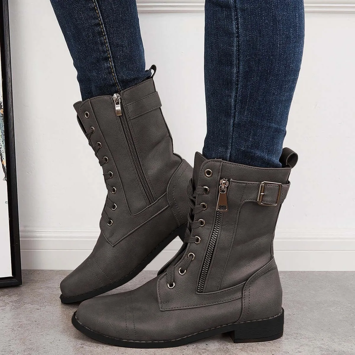 Mid Calf Western Boots Block Low Heel Riding Boots sold by Tinstree