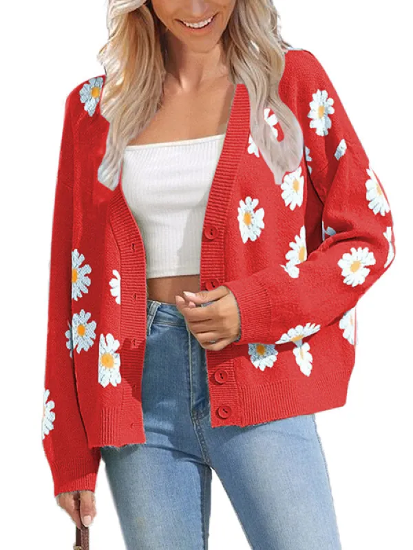 Womens Floral Print Cardigans Soft Long Sleeve Button Knit Outerwear Sweaters sold by Tinstree
