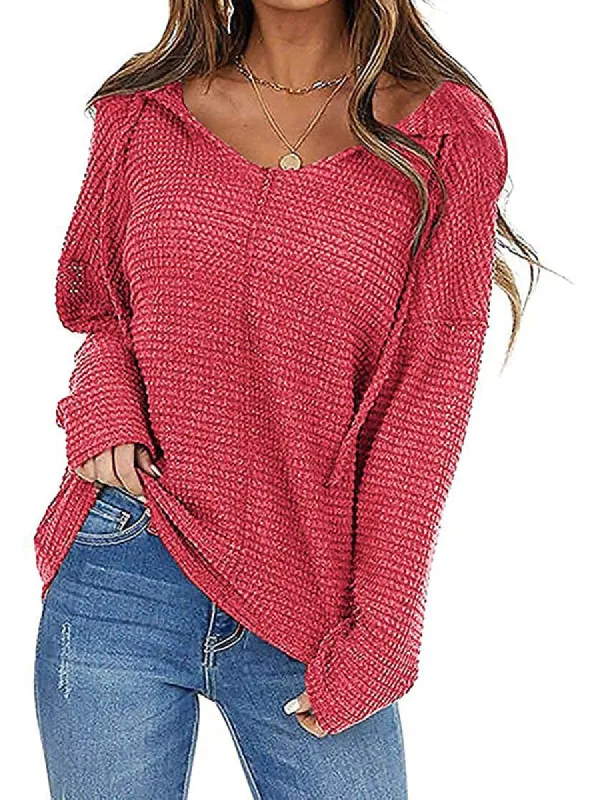 Women V Neck Casual Long Sleeve Waffle Knit Hooded Sweatshirt Tops sold by Tinstree