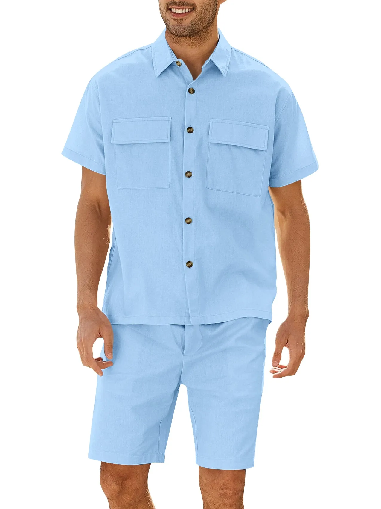 Runcati Men's 2 Piece Linen Set Beach Button Down Shirt and Shorts Short Sleeve Summer Outfits sold by Tinstree product image thumbnail 2