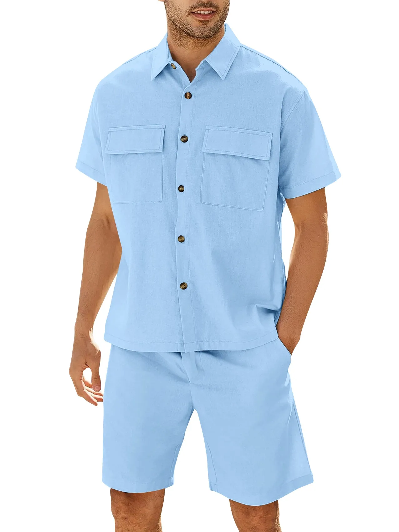 Runcati Men's 2 Piece Linen Set Beach Button Down Shirt and Shorts Short Sleeve Summer Outfits sold by Tinstree product image thumbnail 3