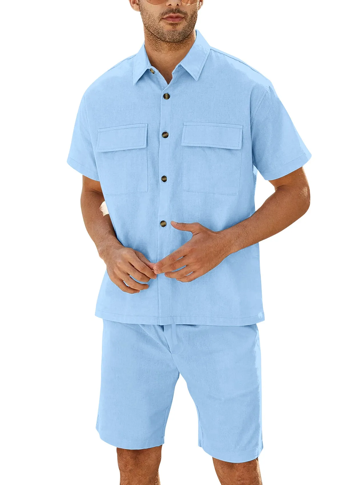 Runcati Men's 2 Piece Linen Set Beach Button Down Shirt and Shorts Short Sleeve Summer Outfits sold by Tinstree