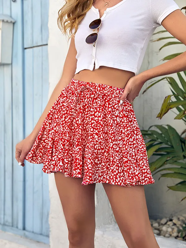 Womens Floral Mini Skirts Summer Flowy Ruffle High Waisted Built In Shorts Drawstring Skirt sold by Tinstree product image thumbnail 4