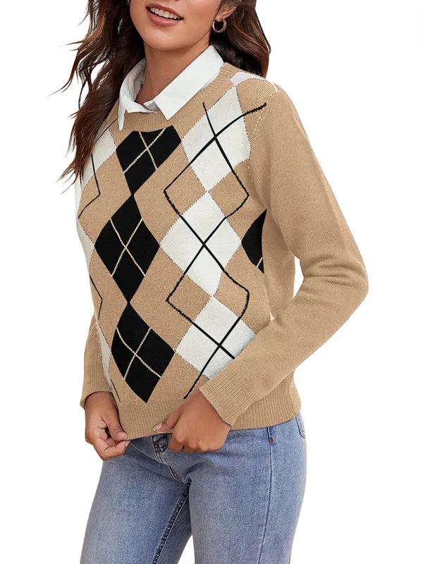 Women Argyle Plaid Sweater Pullover Long Sleeve Autumn Sweater Top sold by Tinstree product image thumbnail 5
