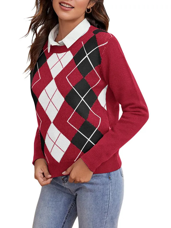 Women Argyle Plaid Sweater Pullover Long Sleeve Autumn Sweater Top sold by Tinstree