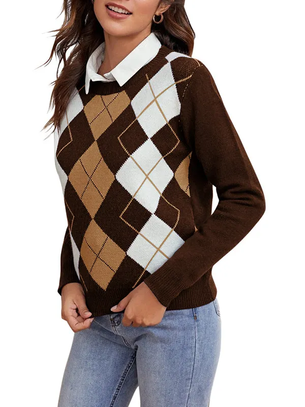 Women Argyle Plaid Sweater Pullover Long Sleeve Autumn Sweater Top sold by Tinstree product image thumbnail 3