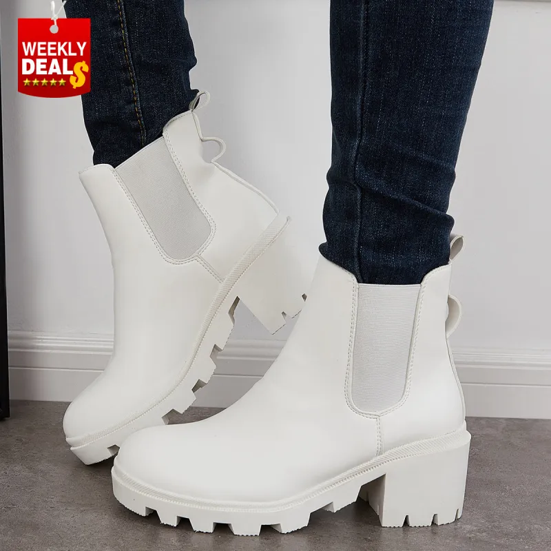 Faux Leather Chelsea Chunky Heel Ankle Boots Lug Sole Booties sold by Tinstree