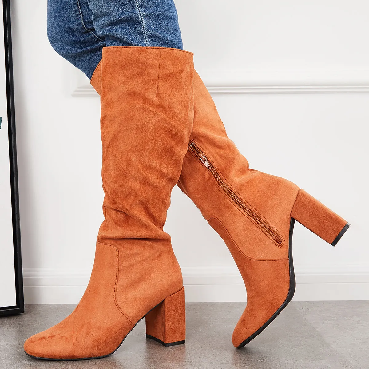 Square Toe Knee High Boots Suede Chunky Block Heel Riding Boots sold by Tinstree