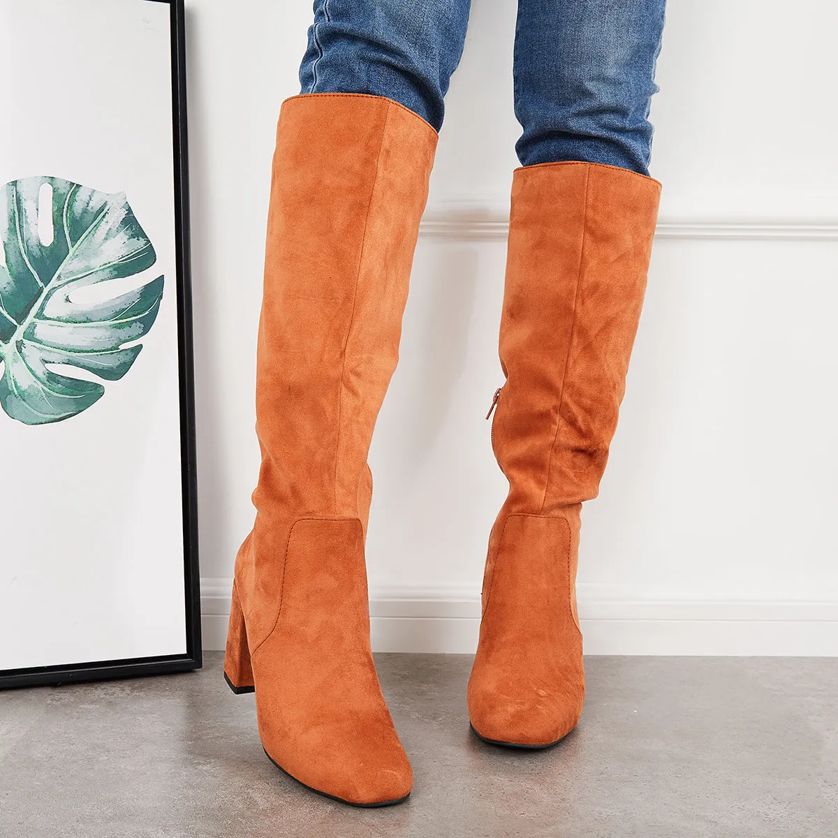 Square Toe Knee High Boots Suede Chunky Block Heel Riding Boots sold by Tinstree product image thumbnail 3