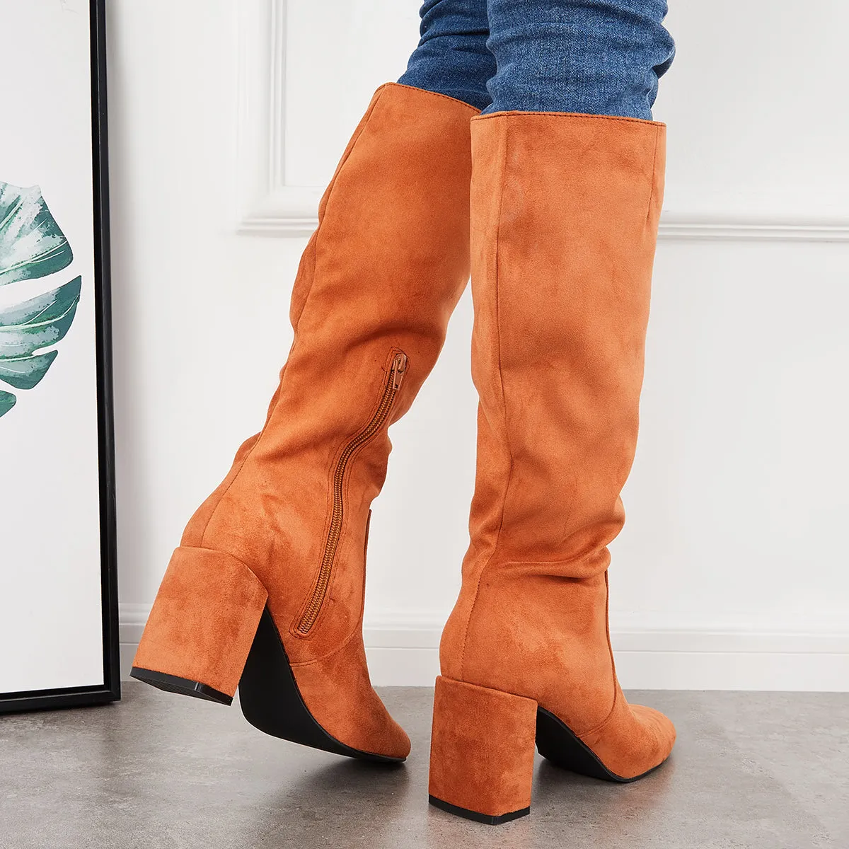 Square Toe Knee High Boots Suede Chunky Block Heel Riding Boots sold by Tinstree product image thumbnail 4