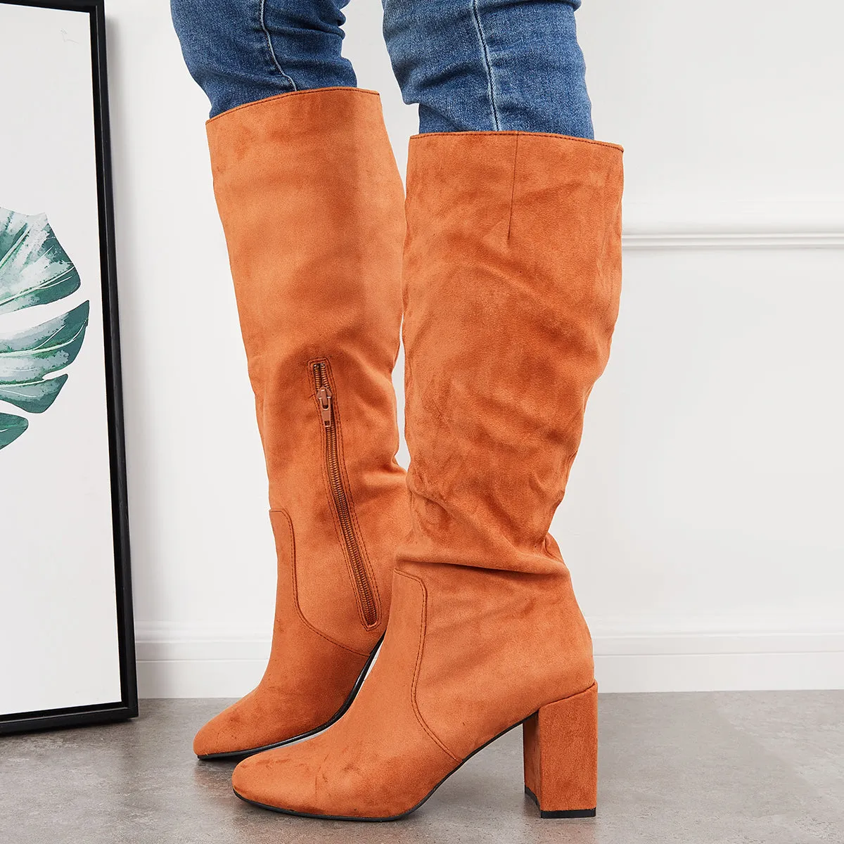 Square Toe Knee High Boots Suede Chunky Block Heel Riding Boots sold by Tinstree product image thumbnail 2