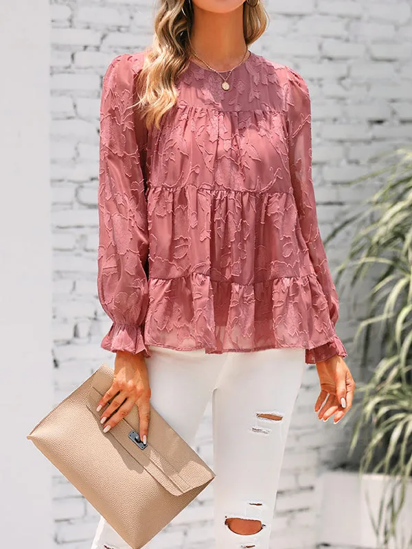 Women's Chiffon Loose Lace Puff Sleeve Long Flowy Ruffle Crewneck Blouses sold by Tinstree product image thumbnail 4