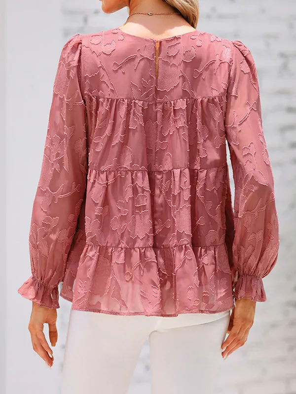 Women's Chiffon Loose Lace Puff Sleeve Long Flowy Ruffle Crewneck Blouses sold by Tinstree product image thumbnail 2