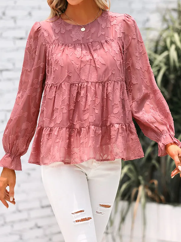Women's Chiffon Loose Lace Puff Sleeve Long Flowy Ruffle Crewneck Blouses sold by Tinstree