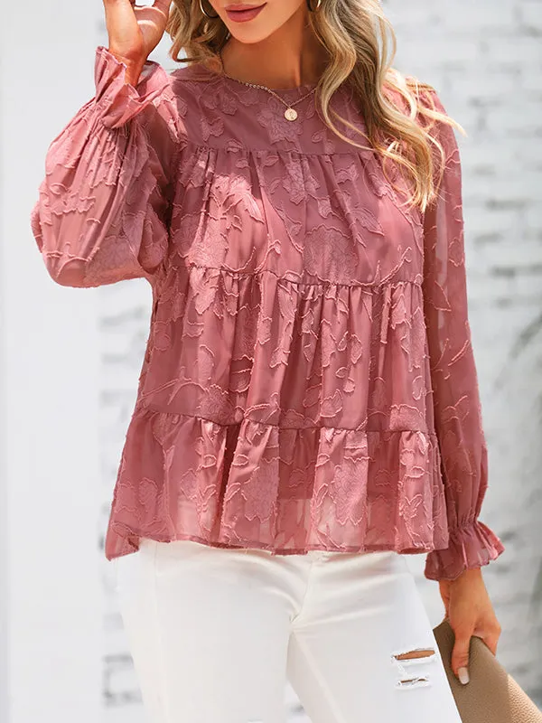 Women's Chiffon Loose Lace Puff Sleeve Long Flowy Ruffle Crewneck Blouses sold by Tinstree product image thumbnail 3