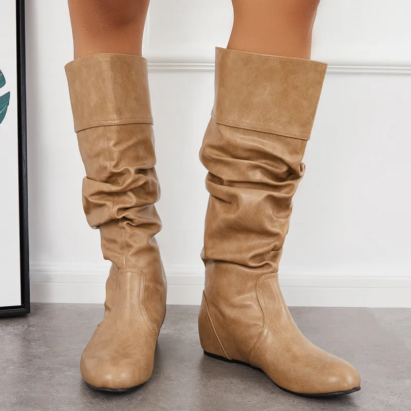 Slouchy Wide Calf Knee High Boots Hidden Wedge Heel Riding Boots sold by Tinstree