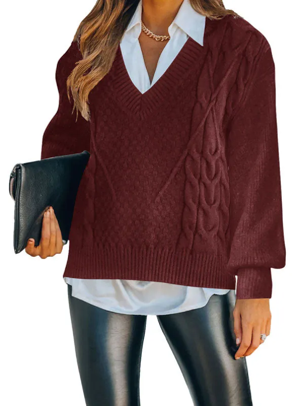 Womens Deep V Neck Pullover Solid Color Loose Cable Knit Sweaters sold by Tinstree