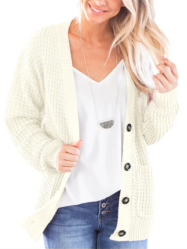 Womens Button Down Cardigans Open Front Long Sleeve Waffle Knit Fall Sweaters Coat With Pockets sold by Tinstree