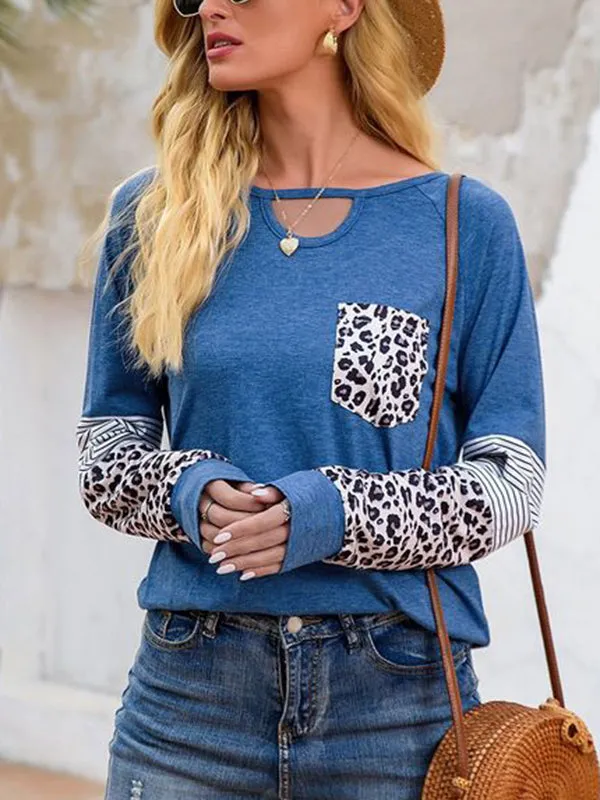 Womens Long Sleeve Cut Crewneck Sweatshirt Leopard Splicing Loose Pullover Tops sold by Tinstree product image thumbnail 5