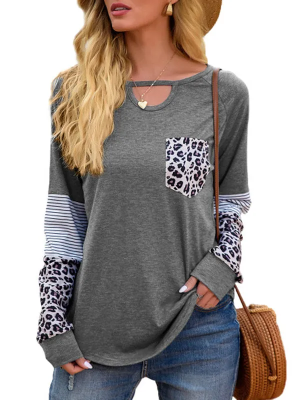 Womens Long Sleeve Cut Crewneck Sweatshirt Leopard Splicing Loose Pullover Tops sold by Tinstree product image thumbnail 4