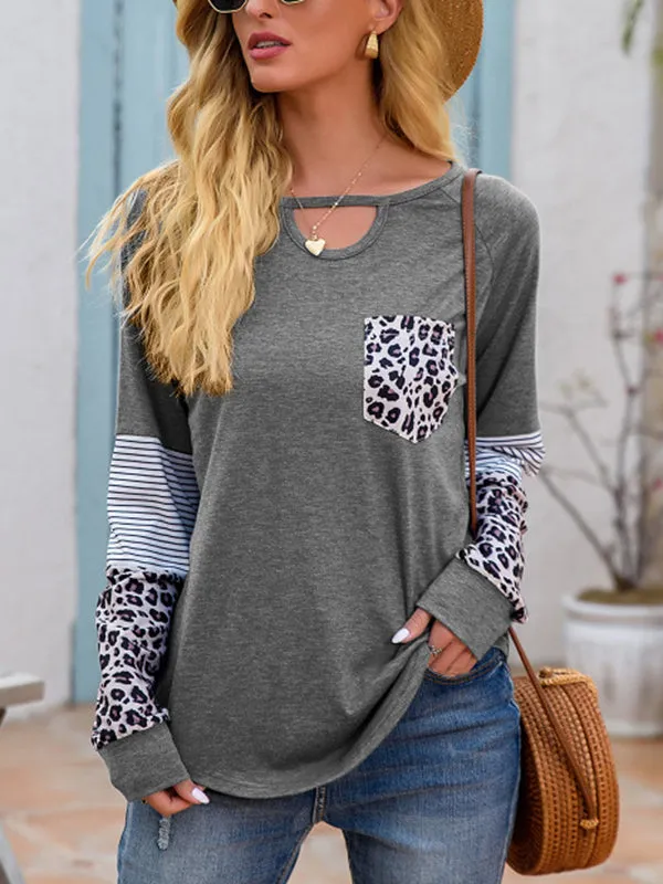 Womens Long Sleeve Cut Crewneck Sweatshirt Leopard Splicing Loose Pullover Tops sold by Tinstree product image thumbnail 3