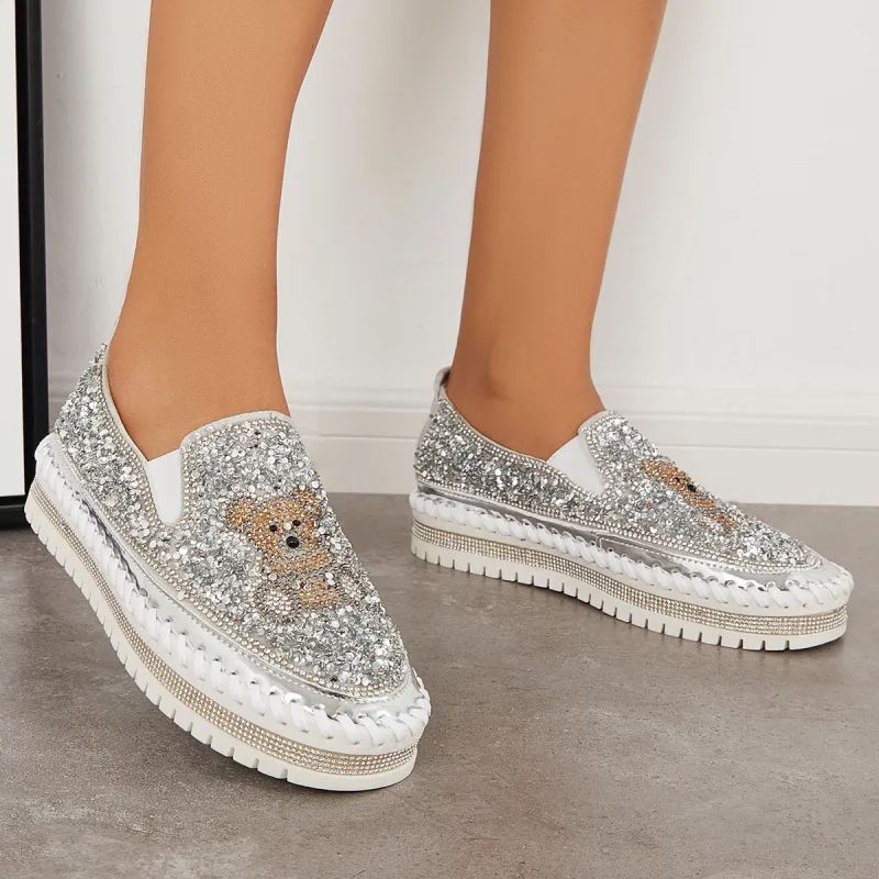 Glitter Rhinestone Bear Platform Loafers Slip on Walking Shoes sold by Tinstree