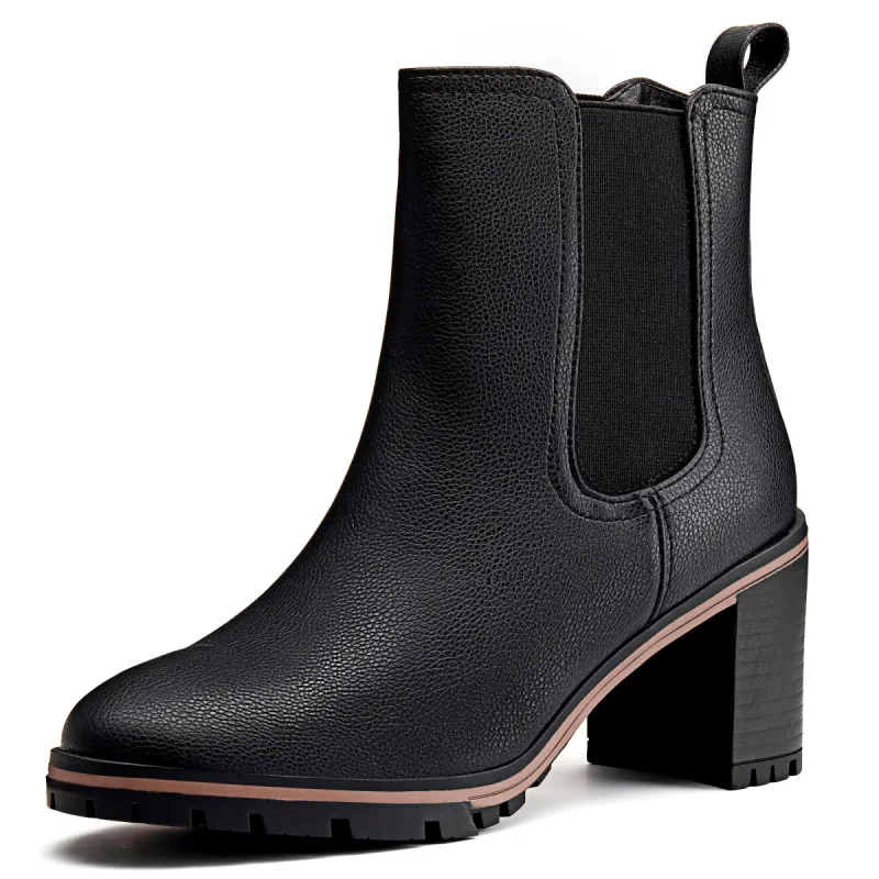 LAICIGO Womens Chelsea Ankle Boots Slip on Chunky Block Mid Heel Leather Pointed Toe Lug Sole Elastic Panel Winter Western Combat Booties sold by Tinstree