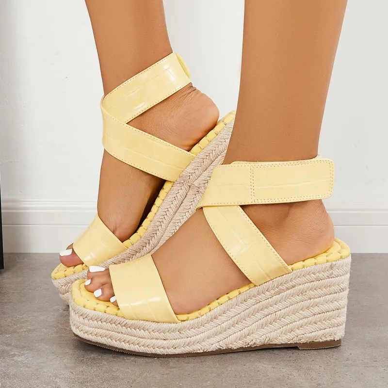 Criss Cross Espadrilles Platform Wedges Velcro Ankle Strap Sandals sold by Tinstree